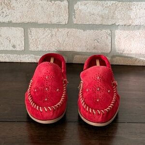 Minnetonka Red Suede Loafers with Beaded Accents